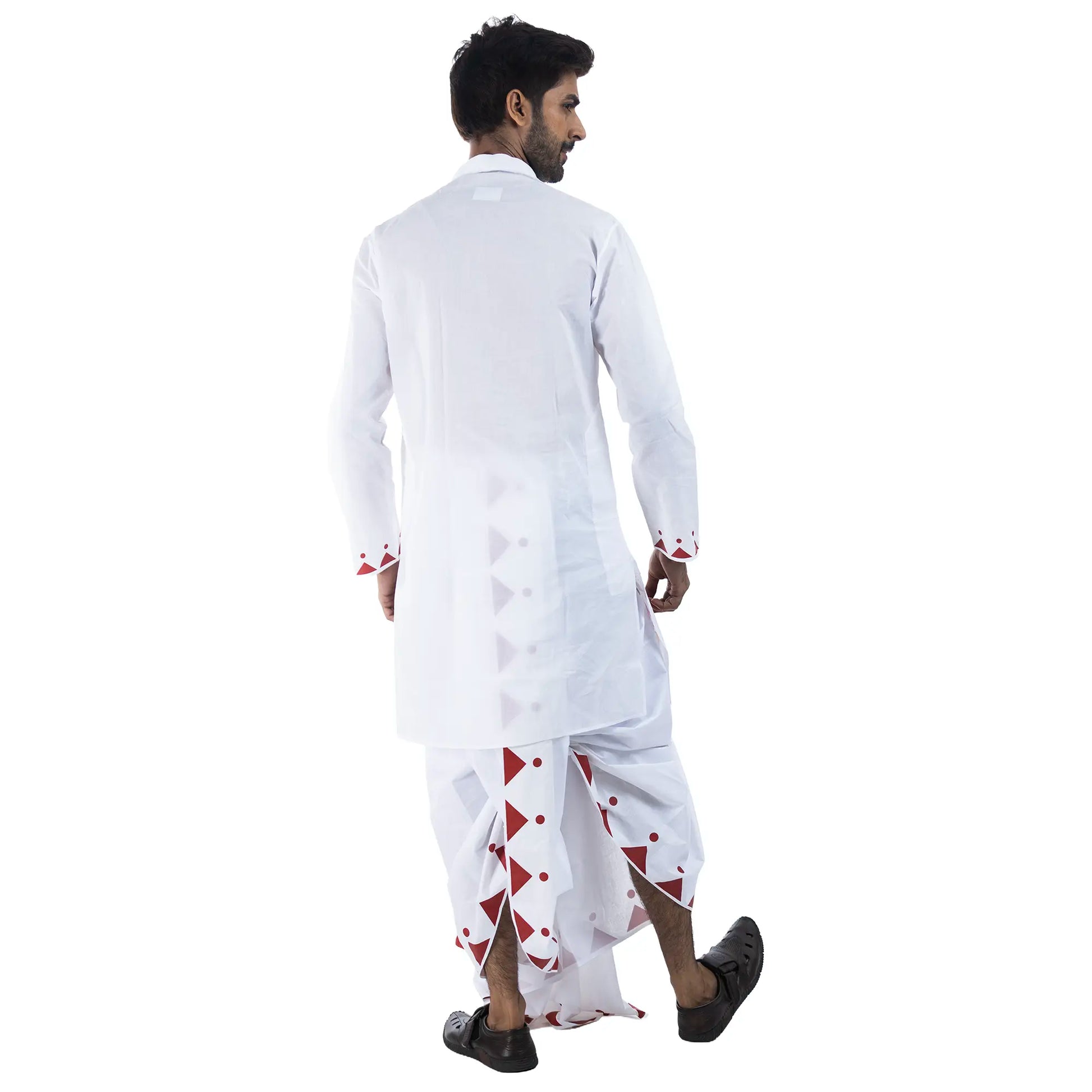Durga Puja Nabami-Dashami panjabi side view, white cotton with dhunuchi dance print and lotus border