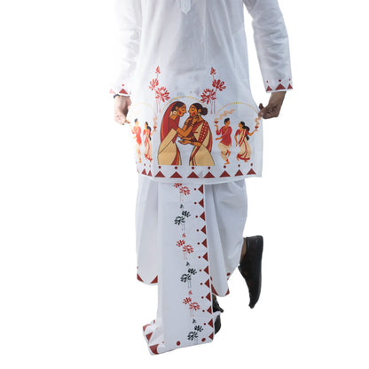 Durga Puja Nabami-Dashami panjabi and dhuti full look, white cotton Bengali ritual wear