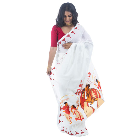 Durga Puja Nabami-Dashami saree for women, white handloom khadi cotton with dhunuchi dance print