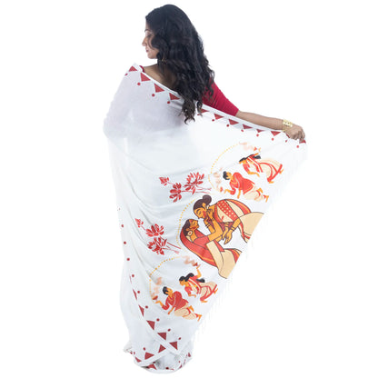Durga Puja Nabami-Dashami saree draped look, white handloom khadi cotton Bengali ritual wear