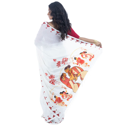 Durga Puja Nabami-Dashami saree draped look, white handloom khadi cotton Bengali ritual wear