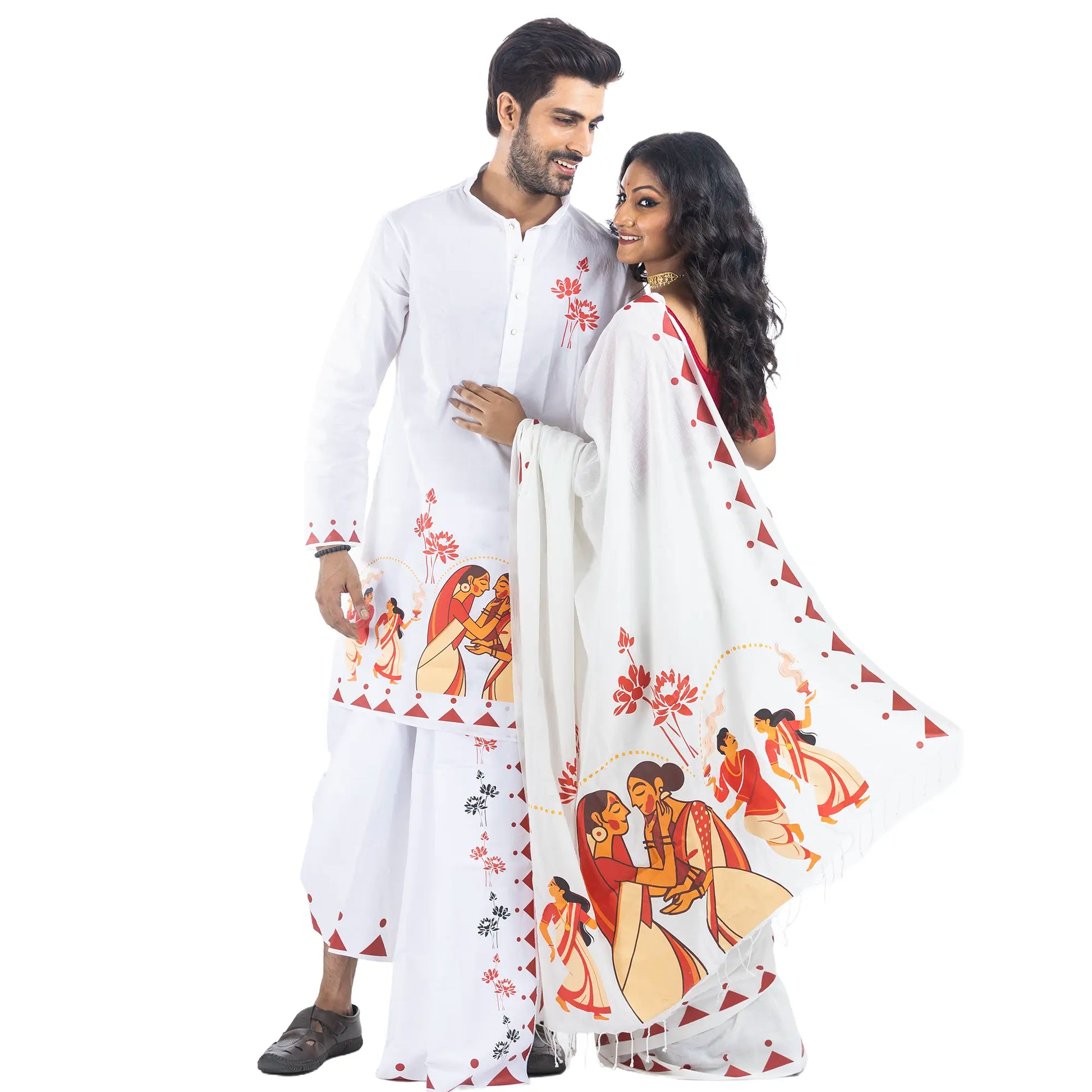 Durga Puja Nabami-Dashami couple combo, matching panjabi and saree with dhunuchi dance print