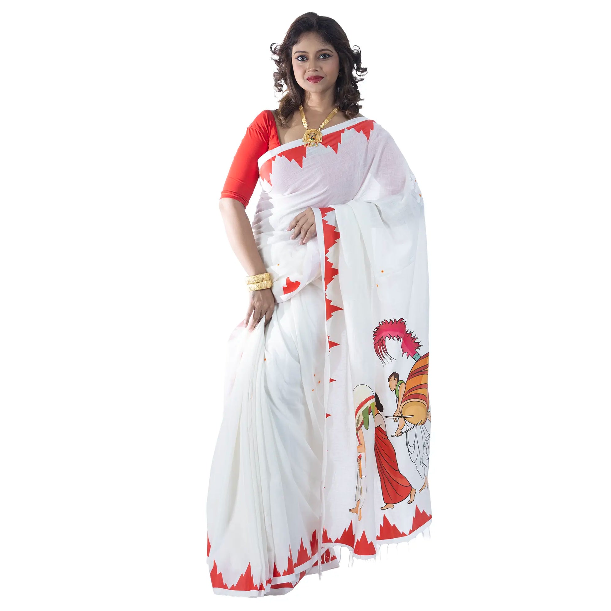 Woman holding open pallu of Nabapatrika Snan saree showing full Durga Puja Saptami procession print, white handloom khadi cotton