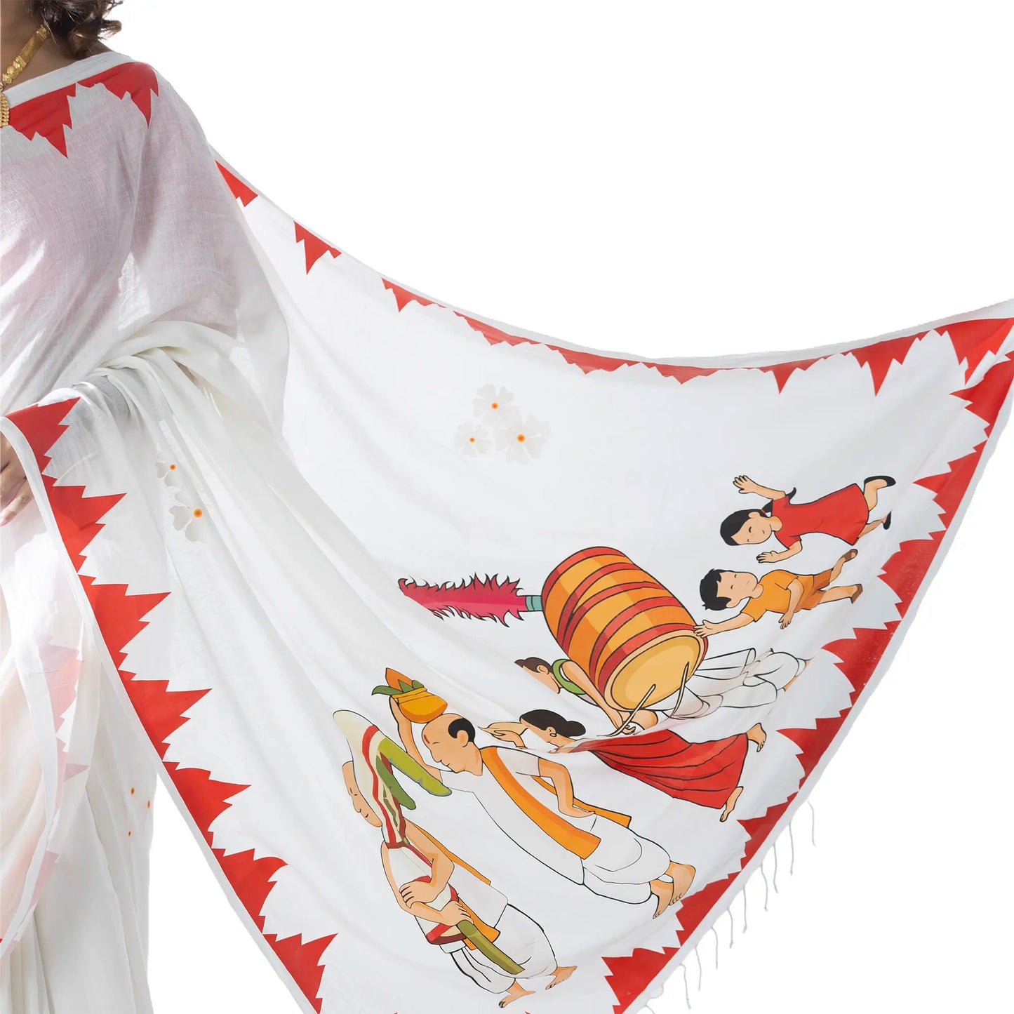 Close-up of Nabapatrika Snan saree pallu showing hand-illustrated dhaki, priest and children procession with red flame border