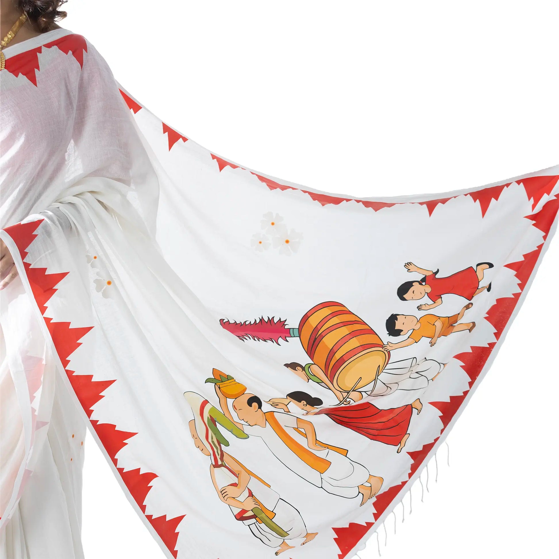 Close-up of Nabapatrika Snan saree pallu showing hand-illustrated dhaki, priest and children procession with red flame border