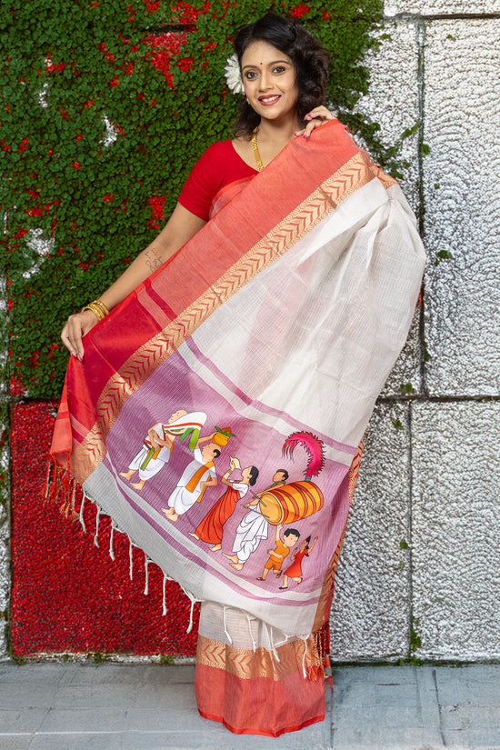 Graphic Printed Durga Puja Cotton Saree featuring traditional Nabapatrika Snan scene, ideal for festive and cultural celebrations.