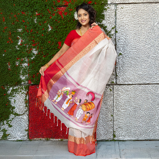 Graphic Printed Durga Puja Cotton Saree featuring traditional Nabapatrika Snan scene, ideal for festive and cultural celebrations.