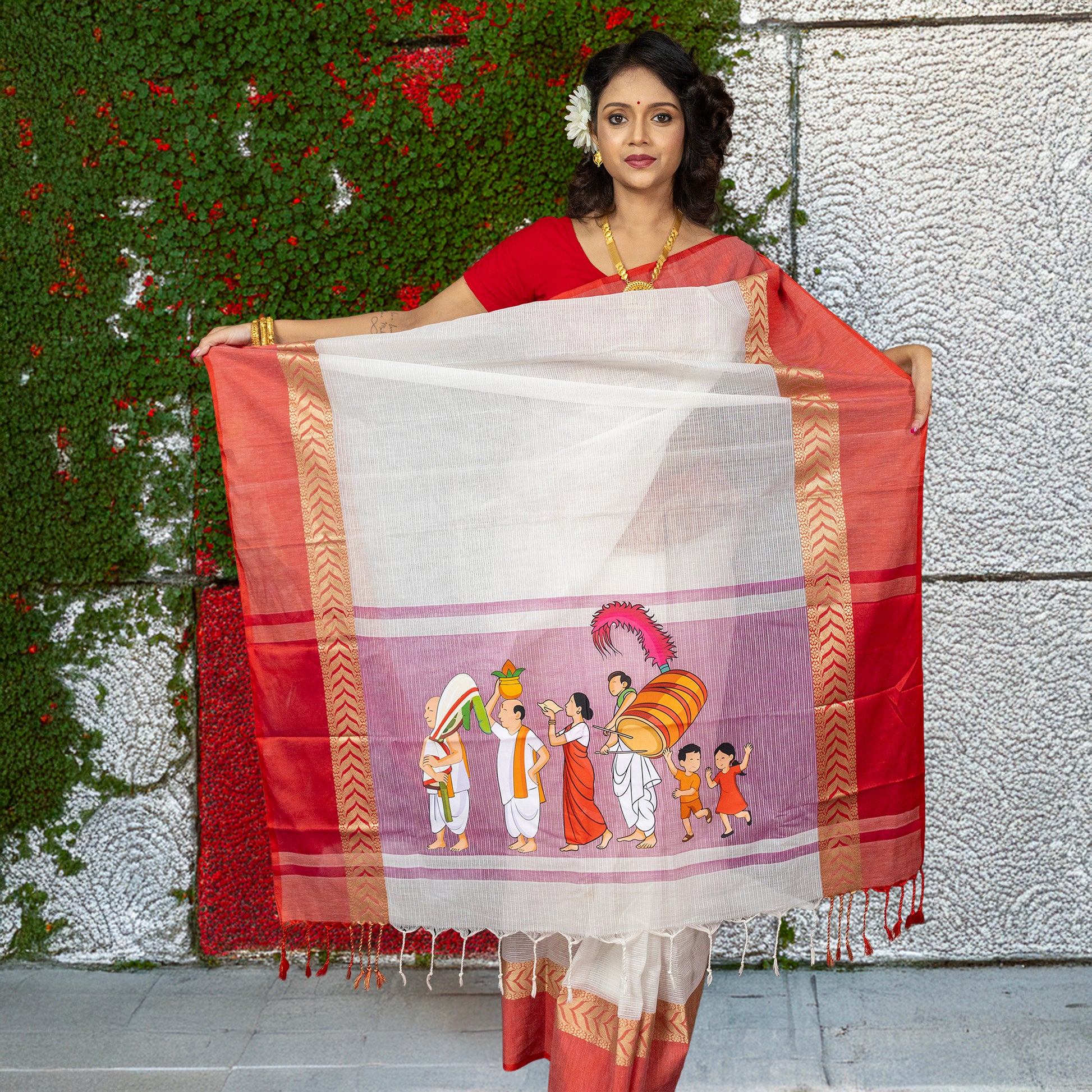 Durga Puja Cotton Saree with detailed Nabapatrika Snan illustration, perfect for cultural events and traditional attire collections.
