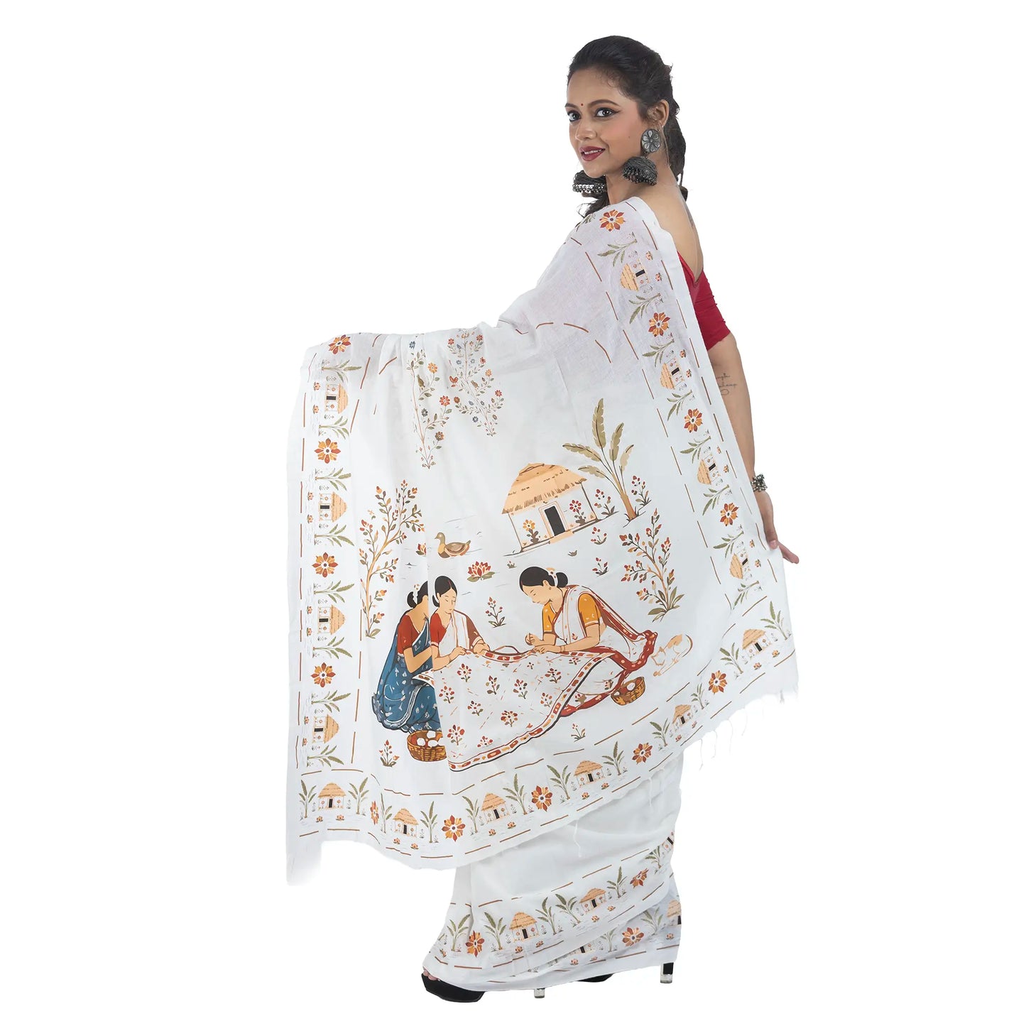 Nakshi Kanthar Upokatha — Printed Khadi Cotton Saree with Bengal Folk Art Narrative