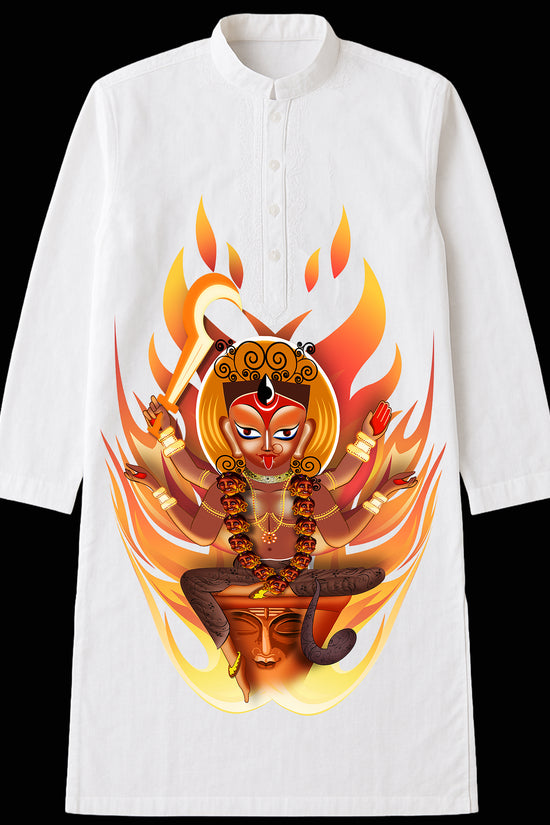 Chandi Kurta featuring fierce Goddess Kali artwork in vibrant flames on white cotton fabric. Ideal for Puja and spiritual traditional wear.