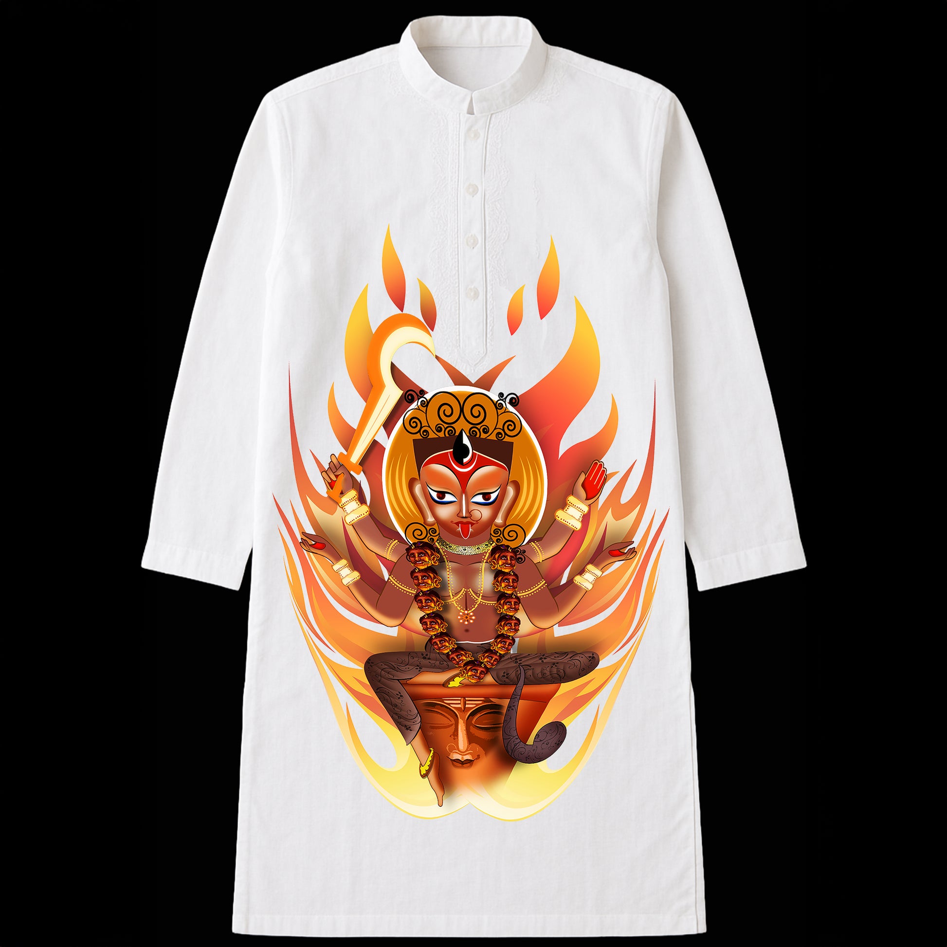 Chandi Kurta featuring fierce Goddess Kali artwork in vibrant flames on white cotton fabric. Ideal for Puja and spiritual traditional wear.