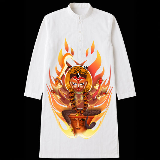 Chandi Kurta featuring fierce Goddess Kali artwork in vibrant flames on white cotton fabric. Ideal for Puja and spiritual traditional wear.