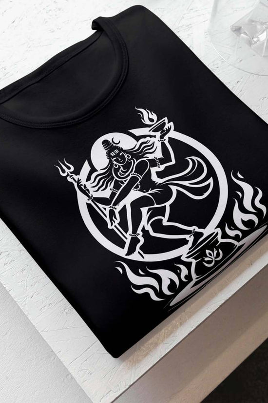 Black Nataraja graphic T-shirt featuring a bold white artistic depiction of Lord Shiva's cosmic dance. Soft cotton fabric for men's casual wear.