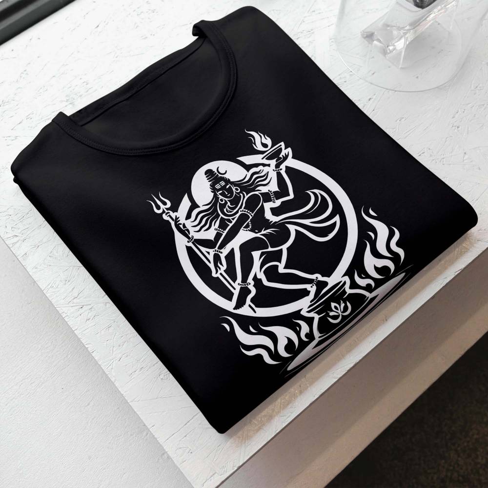 Black Nataraja graphic T-shirt featuring a bold white artistic depiction of Lord Shiva's cosmic dance. Soft cotton fabric for men's casual wear.