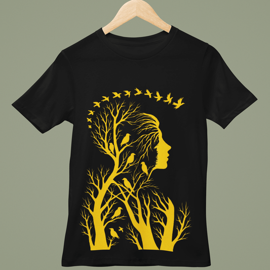 Artistic Woman Silhouette T-Shirt with yellow nature graphic of trees and birds on black unisex fit. Ideal for nature and art enthusiasts.