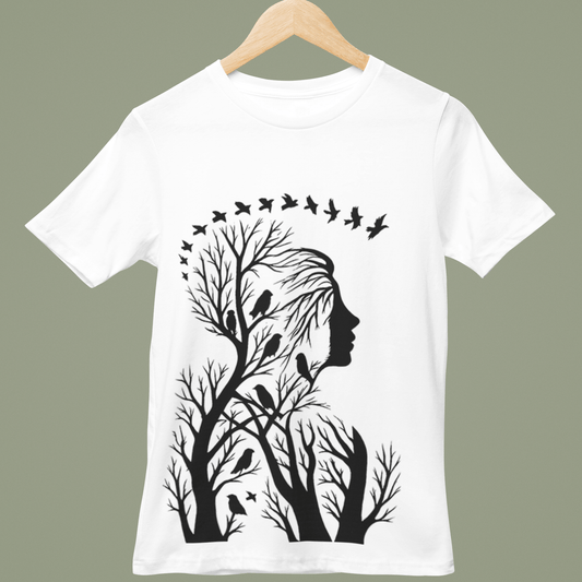 Artistic Woman Silhouette T-Shirt with black tree branches and birds forming a serene nature graphic on white unisex fit cotton tee.