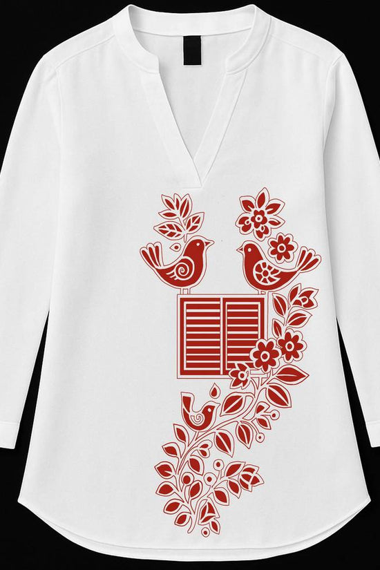 Bengali Folk Art Kurti - Harmony of Nature featuring red bird and floral motifs on white tunic, ideal for ethnic and festive wear.