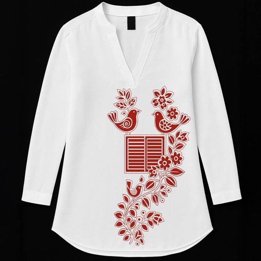Bengali Folk Art Kurti - Harmony of Nature featuring red bird and floral motifs on white tunic, ideal for ethnic and festive wear.