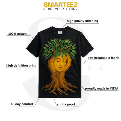 Nature T-Shirt - Tree of Life Graphic with product highlights including breathable cotton, shrink-proof fabric, and high-quality stitching.