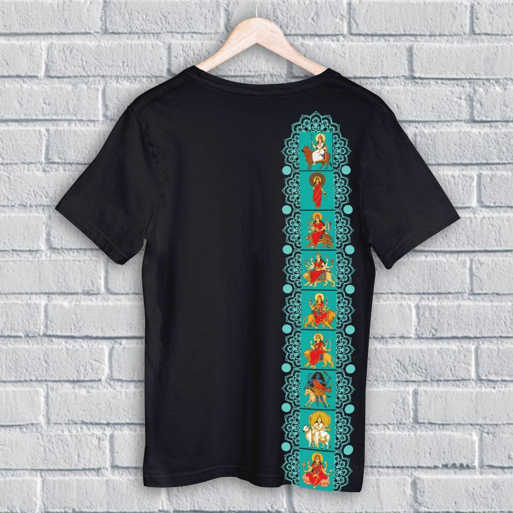 Navadurga T-Shirt - Nine Forms | Unisex Fit featuring vibrant illustrations of nine Durga goddesses in a vertical layout on the back. Ideal for spiritual wear.