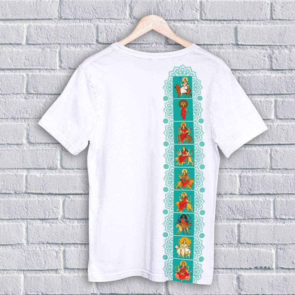 Navadurga T-Shirt - Nine Forms | Unisex Fit featuring vertical artwork of nine goddess Durga forms on back, ideal for spiritual and festive wear.