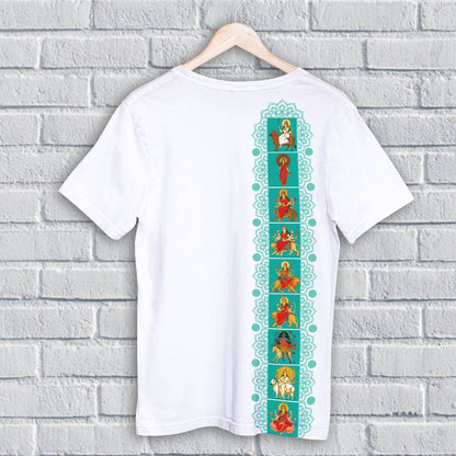 Navadurga T-Shirt - Nine Forms | Unisex Fit featuring vertical artwork of nine goddess Durga forms on back, ideal for spiritual and festive wear.