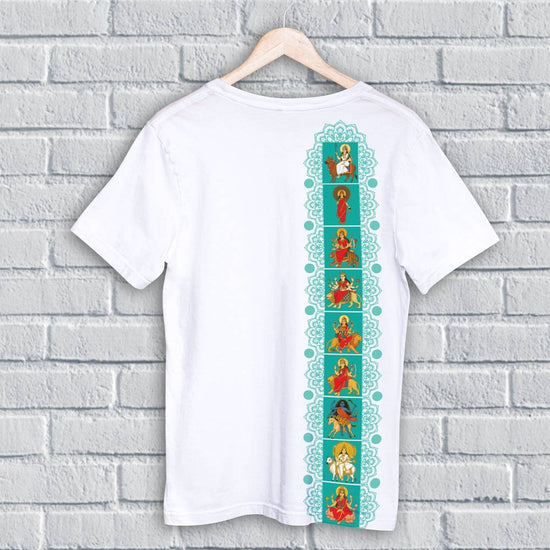 Navadurga T-Shirt - Nine Forms | Unisex Fit featuring vertical artwork of nine goddess Durga forms on back, ideal for spiritual and festive wear.