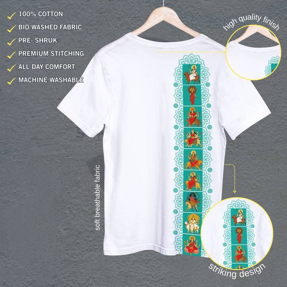 Navadurga T-Shirt - Nine Forms | Unisex Fit featuring vertical artwork of nine goddess Durga forms on soft breathable white cotton fabric.