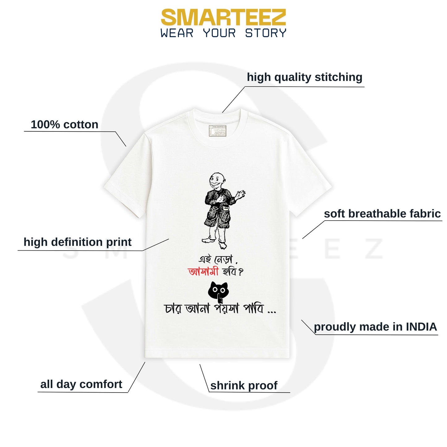 Nera | Smarteez unisex T-shirt with callouts highlighting features like 100% cotton, breathable fabric, and high-definition print, made in India.