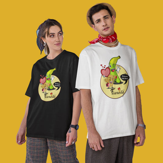 Unisex oversized t-shirts in black and white with a playful 'No Kusti - Only Dosti' graphic print, modeled by a man and woman.