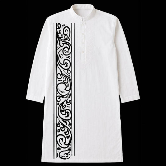 Nokshi Kotha Kurta - Bengali Graphic Panjabi in white cotton featuring traditional folk art motifs in black on the front panel. Ideal for cultural events.