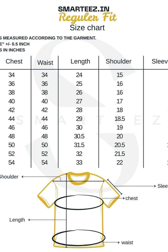 Smarteez.in Regular Fit T-Shirt Size Chart showing chest, waist, length, shoulder, and sleeve measurements from 2XS to 6XL in inches.