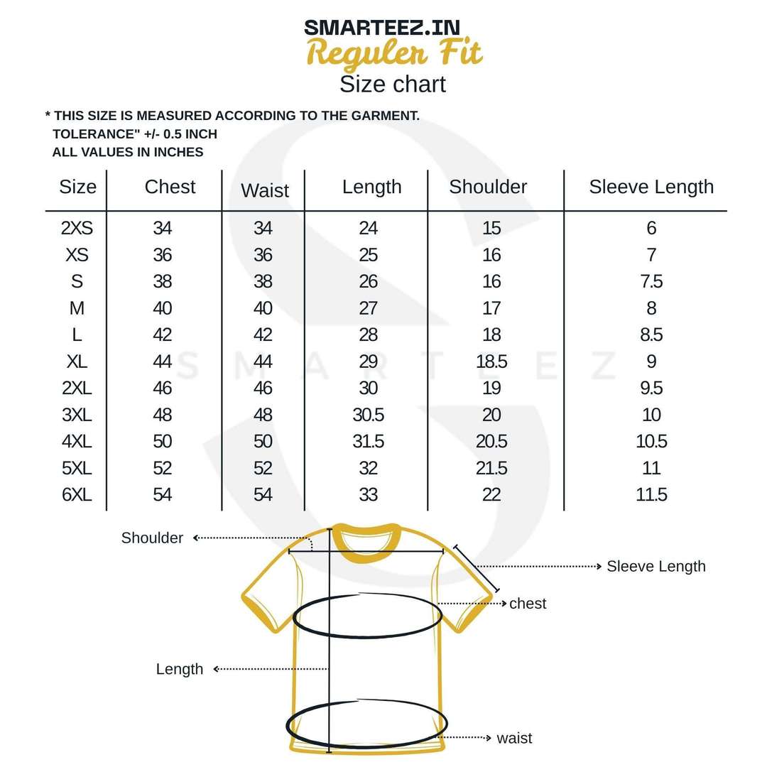 Smarteez.in Regular Fit T-Shirt Size Chart showing chest, waist, length, shoulder, and sleeve measurements from 2XS to 6XL in inches.