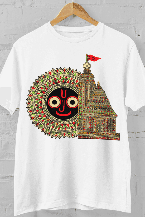 White Rath Yatra T-Shirt with colorful Puri Jagannath Temple and deity design, perfect for heritage lovers and festive celebrations.