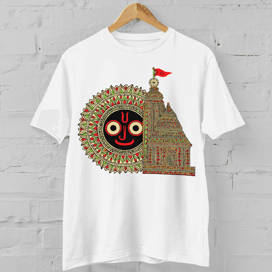 White Rath Yatra T-Shirt with colorful Puri Jagannath Temple and deity design, perfect for heritage lovers and festive celebrations.