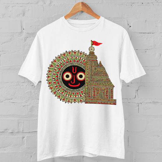 White Rath Yatra T-Shirt with colorful Puri Jagannath Temple and deity design, perfect for heritage lovers and festive celebrations.