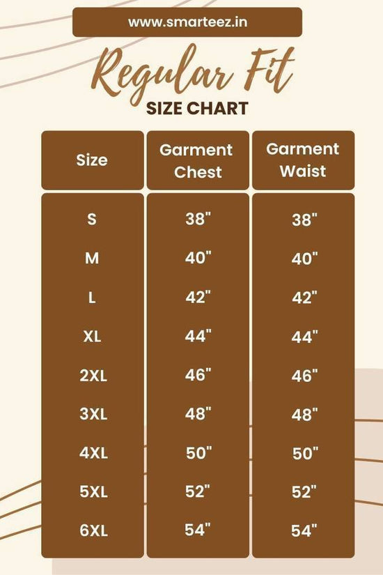 Regular fit size chart for Jagannath T-Shirt, listing garment chest and waist measurements from size S to 6XL for accurate apparel selection.