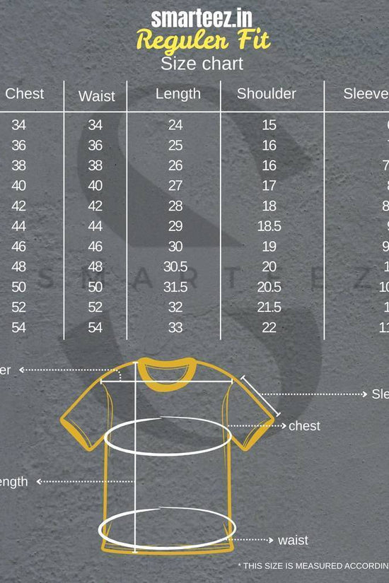 Smarteez Regular Fit T-Shirt size chart showing chest, waist, length, shoulder, and sleeve measurements for regular fit.