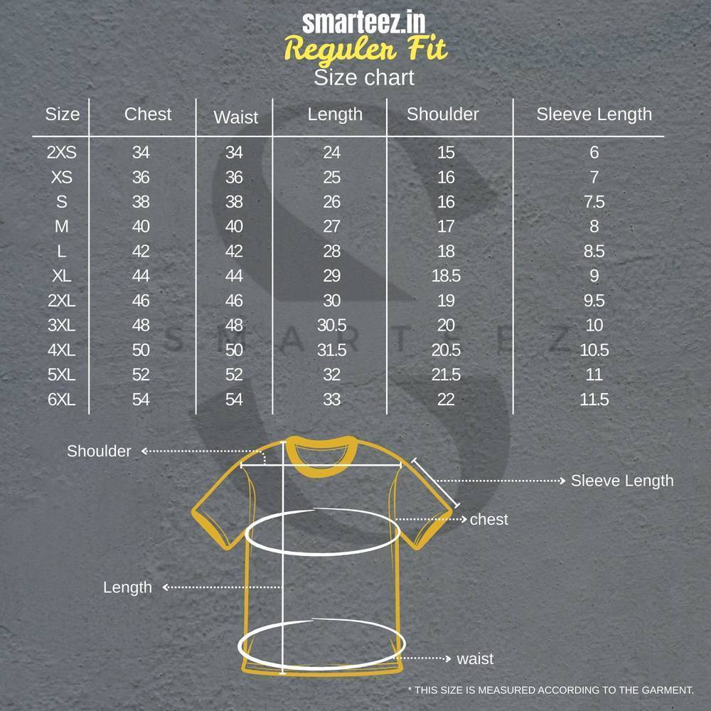 Smarteez Regular Fit T-Shirt size chart showing chest, waist, length, shoulder, and sleeve measurements for regular fit.