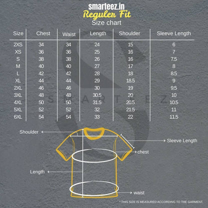 Smarteez Regular Fit T-Shirt size chart showing chest, waist, length, shoulder, and sleeve measurements for regular fit.