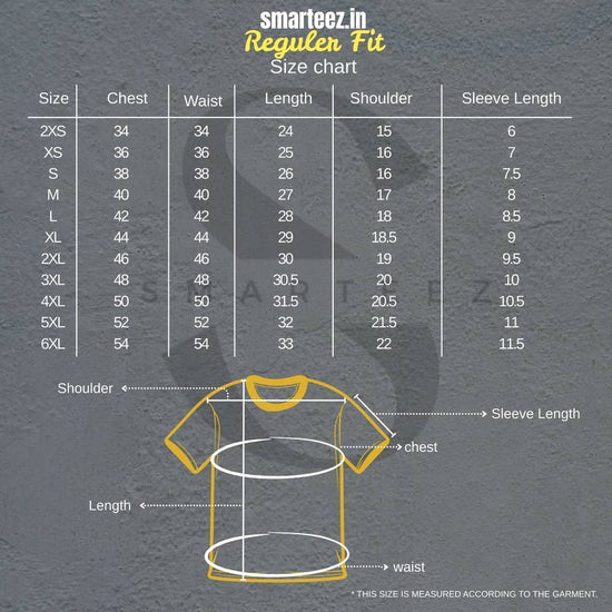 Smarteez Regular Fit T-Shirt size chart showing chest, waist, length, shoulder, and sleeve measurements for regular fit.