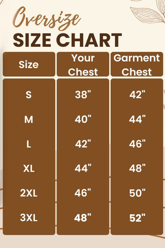 Oversized T-shirt size chart for Shohor Juree Jeno Ghamer Morsum, showing chest measurements from S to 3XL for unisex summer wear.