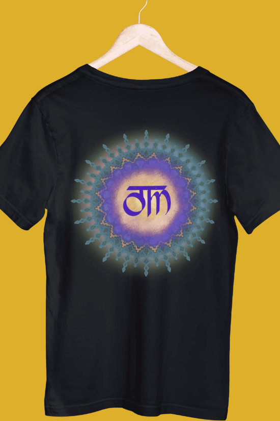 Om unisex t-shirt in black with a spiritual mandala design. Made from 100% bio-washed cotton for comfort and durability, perfect for everyday wear.