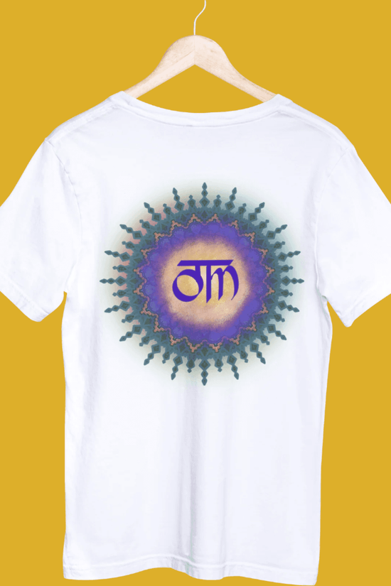 White Om unisex t-shirt featuring a vibrant mandala print. Crafted from eco-friendly cotton, offering a regular fit and easy wash for daily style.