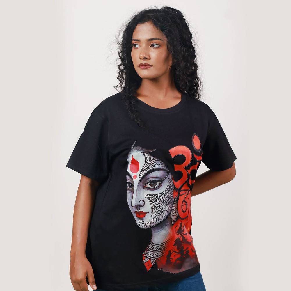 Om Shakti Durga Puja T-Shirt – Divine Art | Unisex, Regular Fit featuring Maa Durga's face with Om symbol in bold red and grey tones on black fabric.