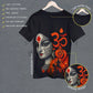 Om Shakti Durga Puja T-Shirt – Divine Art | Unisex, Regular Fit featuring Maa Durga's face with Om symbol in fiery tones, ideal for spiritual wear.