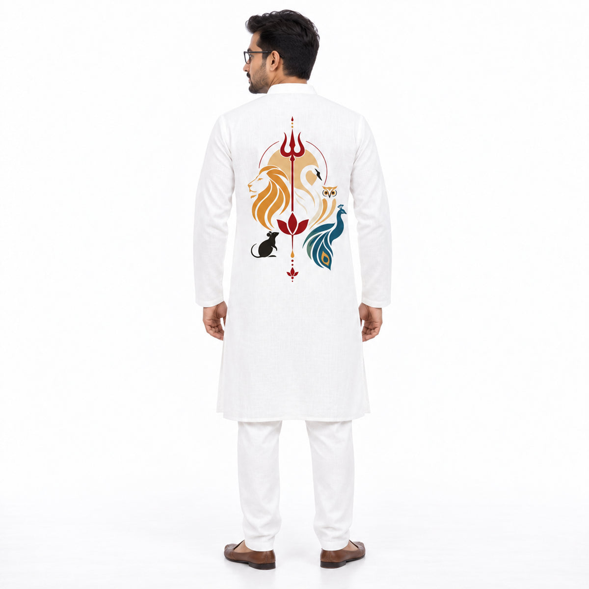 Back view of Panchadevta Vahana Panjabi, white cotton kurta with trishul, lion, swan, owl, mouse and peacock print representing the five vahanas of Durga Puja