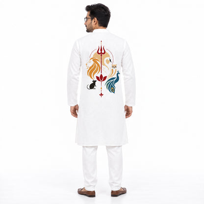 Back view of Panchadevta Vahana Panjabi, white cotton kurta with trishul, lion, swan, owl, mouse and peacock print representing the five vahanas of Durga Puja