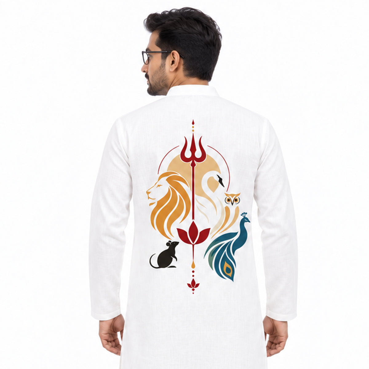 Close-up of Panchadevta Vahana Panjabi back print detail showing trishul, lion, swan, owl and peacock motifs in terracotta, ochre and teal