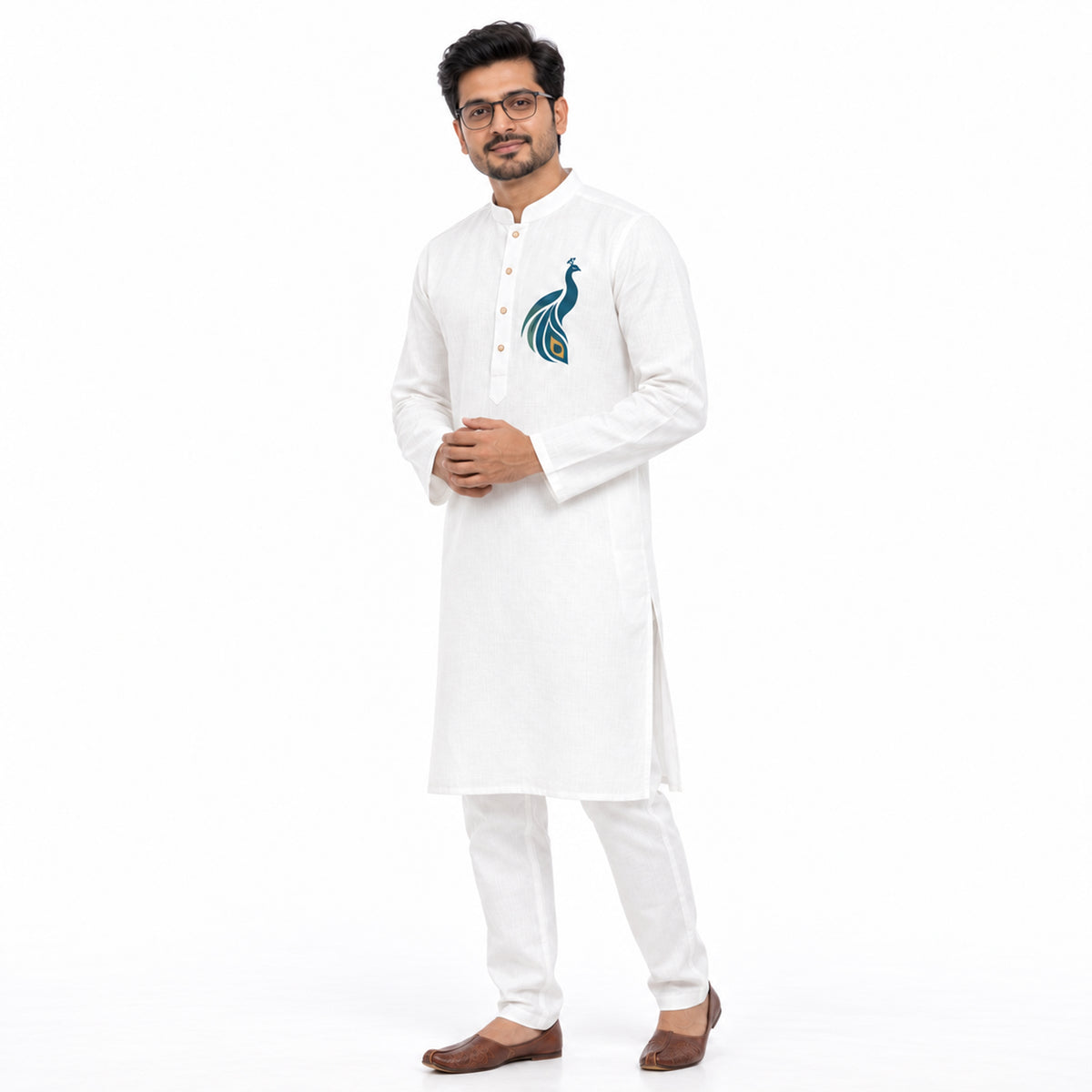 Front view of Panchadevta Vahana Panjabi showing peacock motif on chest, white premium cotton kurta